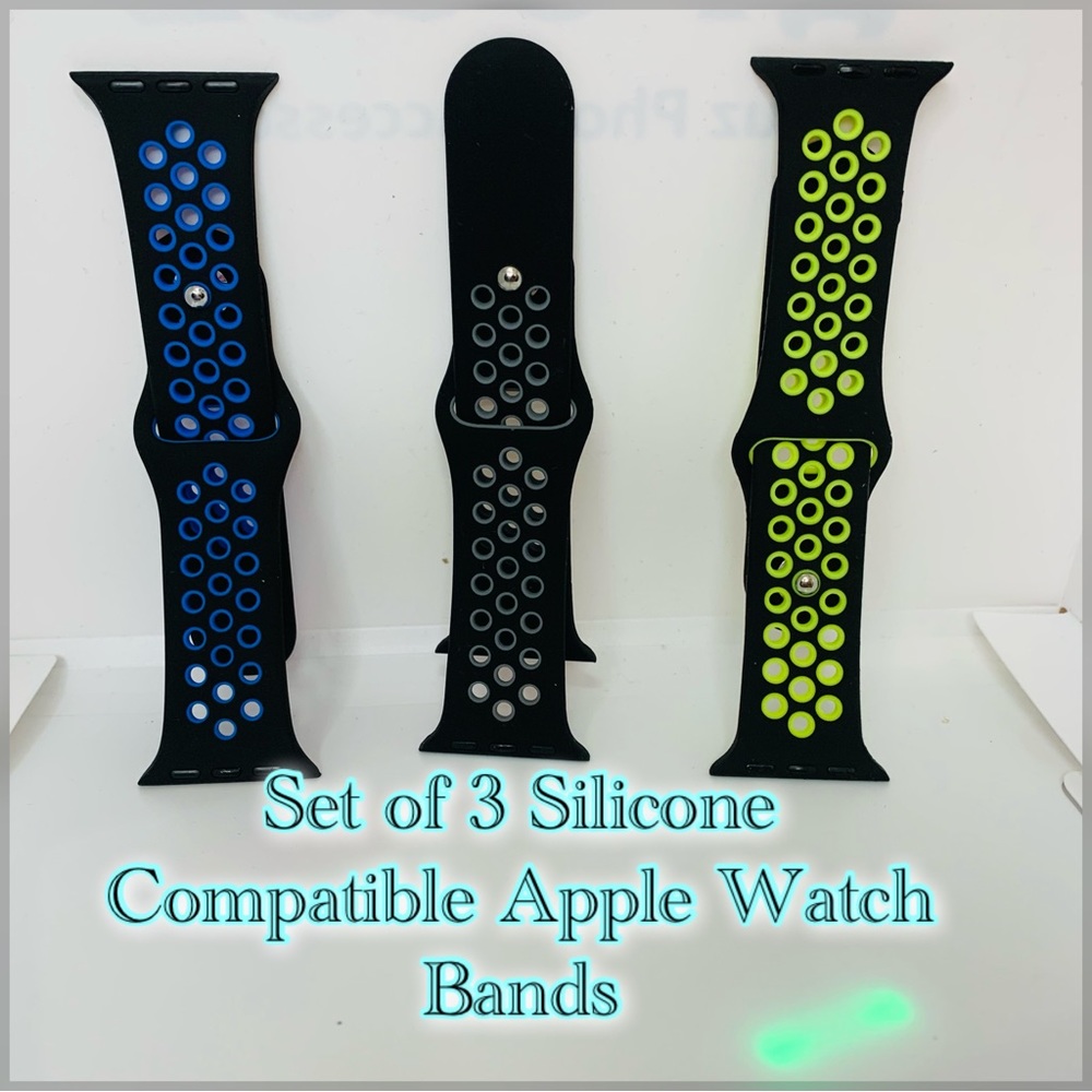 Set of 3 Silicone Compatible Apple Watch Bands Black Blue Gray